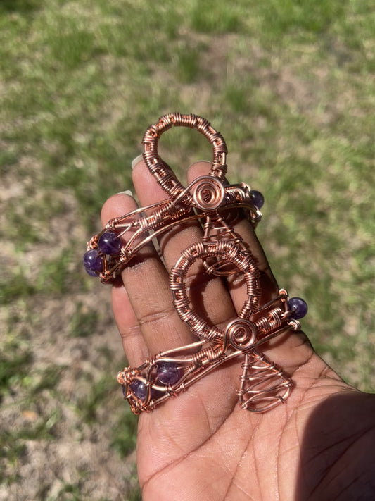 Copper Wrapped Amethyst Ankh/ Adjustable with Clasp