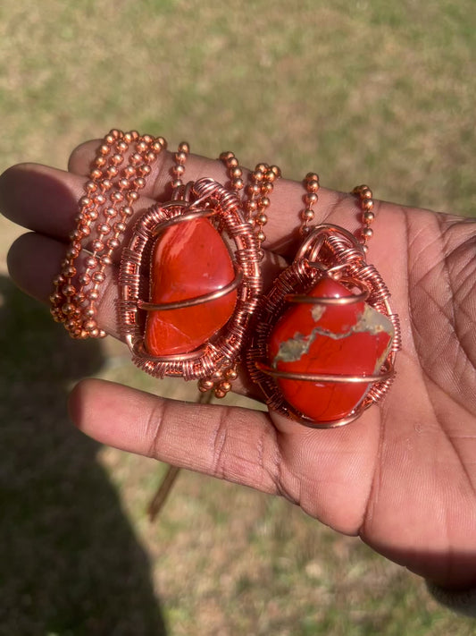 Red Jasper Pendant/ Cooper Ball Chain