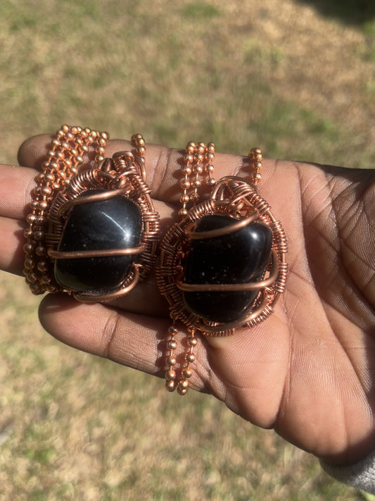 Black Obsidian Pendant/Copper Ball Chain