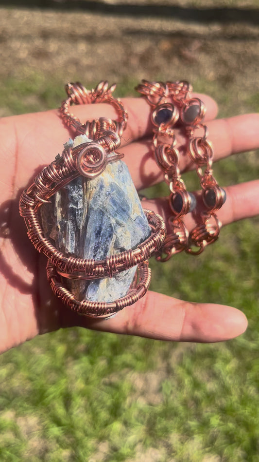 Copper Wrapped Blue Kyanite Chain/ Blue Aventurine Beads