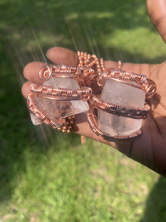 Copper Wrapped Clear Quartz Pendant/ Copper Ball Chain