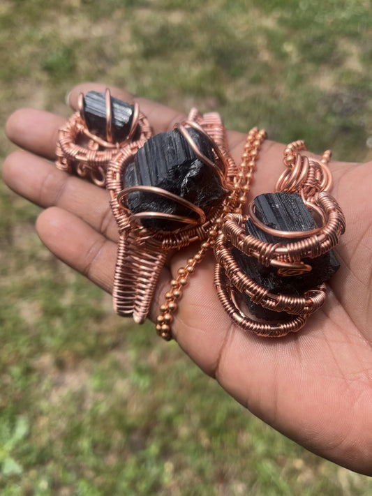Copper Wrapped Black Tourmaline Set/ Adjustable Ring and Bracelet