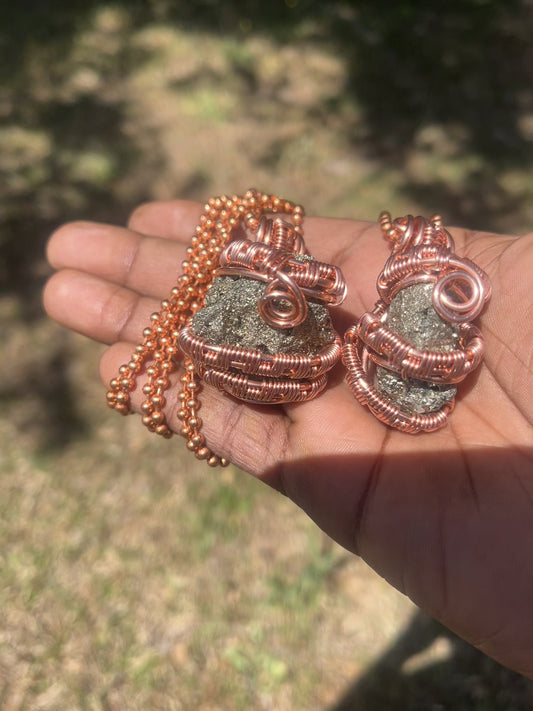 Copper Wrapped Pyrite Pendant/ Copper Ball Chain