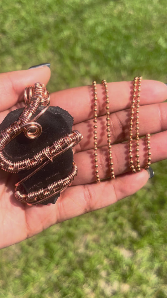 Copper Wrapped Shungite Pendant/ Copper Ball Chain