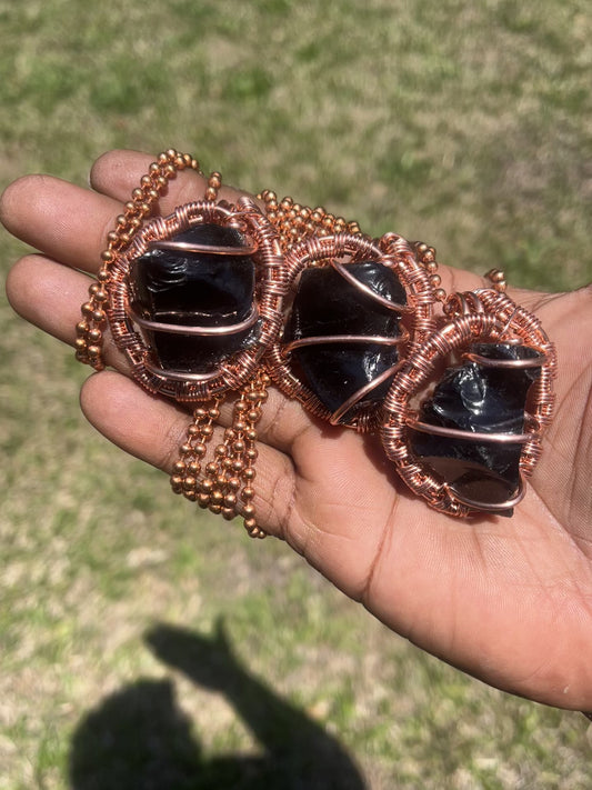 Copper Wrapped Raw Black Obsidian Pendants/ Copper Ball Chain
