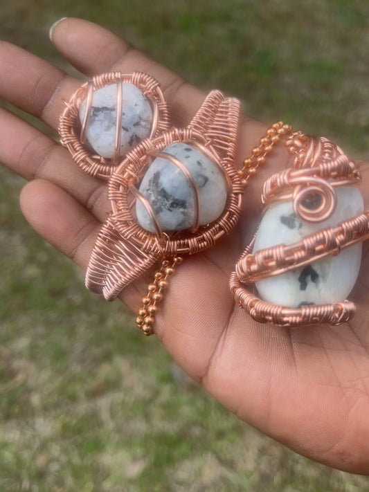 Copper Wrapped Rainbow Moonstone Set/ Adjustable Ring and Bracelet