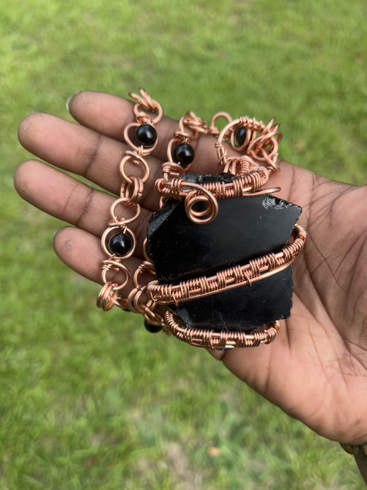 Copper Wrapped Black Obsidian Pendant/ Black Obsidian Bead Necklace