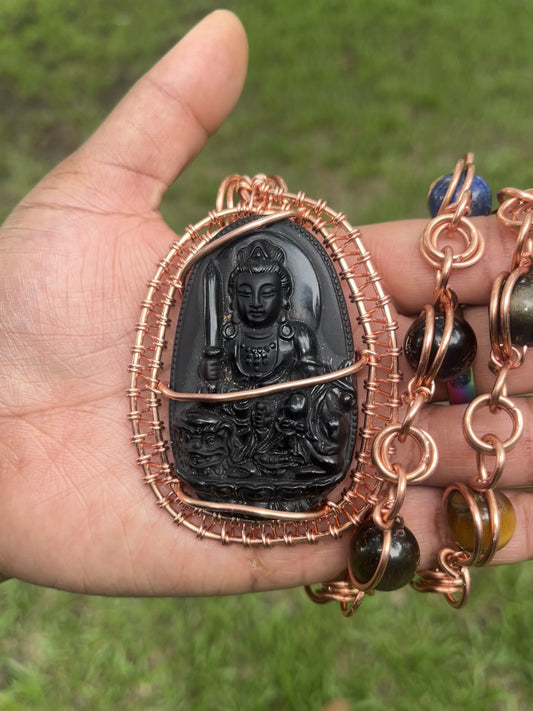 Copper Wrapped Black Obsidian Buddha Necklace/ With Bead Variety