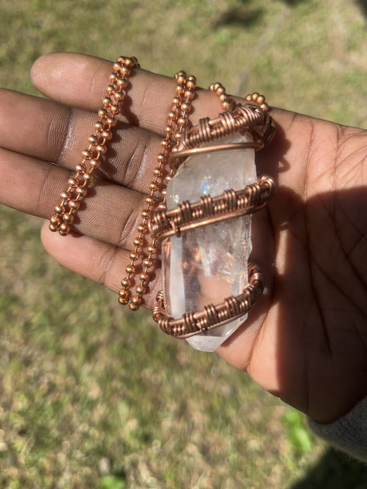Clear Quartz Pendant/ Copper Ball Chain