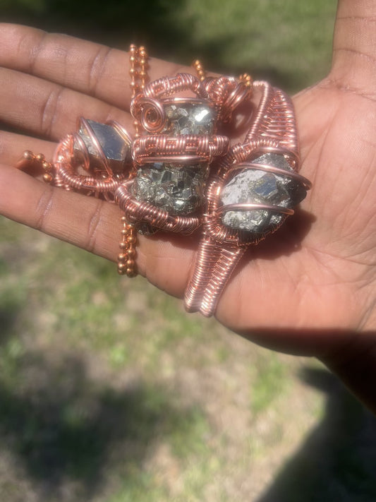 Copper Pyrite Set/ Adjustable Bracelet and Ring/ Copper ball Chain