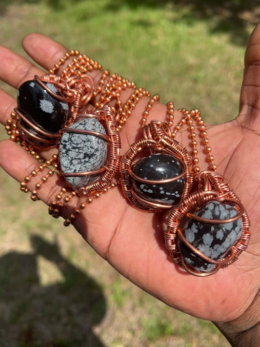 Snowflake Obsidian Pendant/ Copper Ball Chain