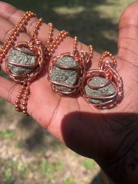 Copper Wrapped Pyrite Pendant/ Copper Ball Chain