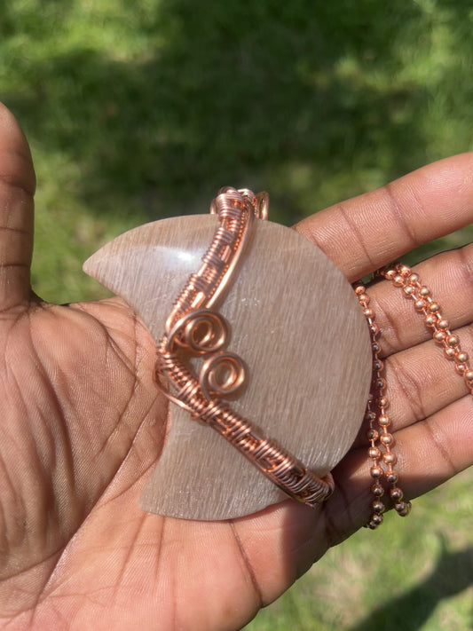 Copper Wrapped Moonstone Moon Pendant/ Copper Ball Chain