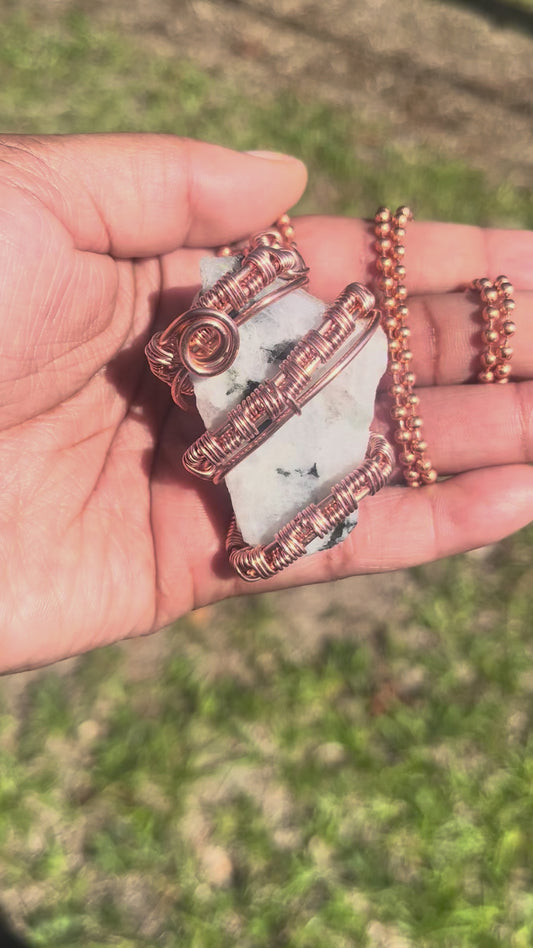 Copper Wrapped Raw Rainbow Moonstone Pendant/ Copper Ball Chain