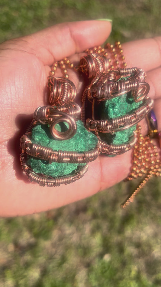 Copper Wrapped Raw Malachite Pendant/ Copper Ball Chain