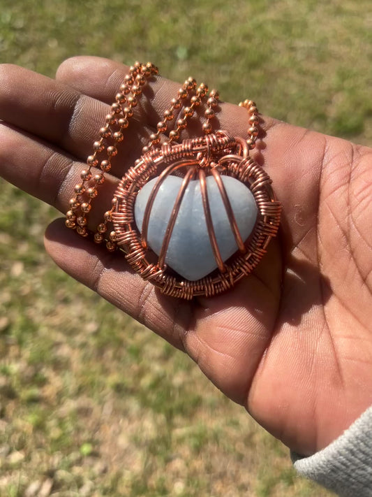 Blue Calcite Heart Pendant/ Copper Ball Chain