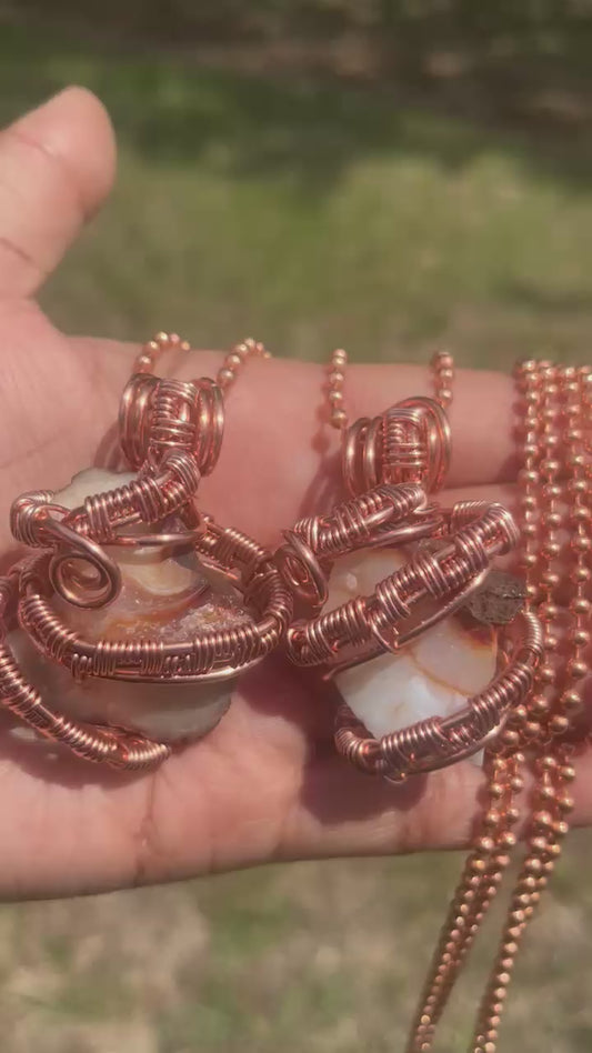 Copper Wrapped Raw Carnelian Pendant/ Copper Ball Chain
